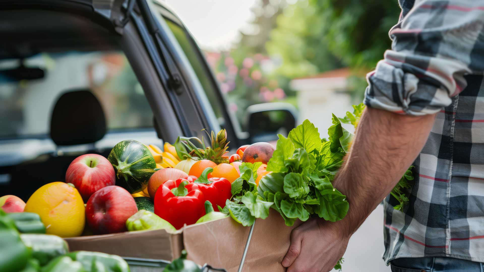 Person trägt eine Kiste mit frischem Obst und Gemüse zu einem Fahrzeug